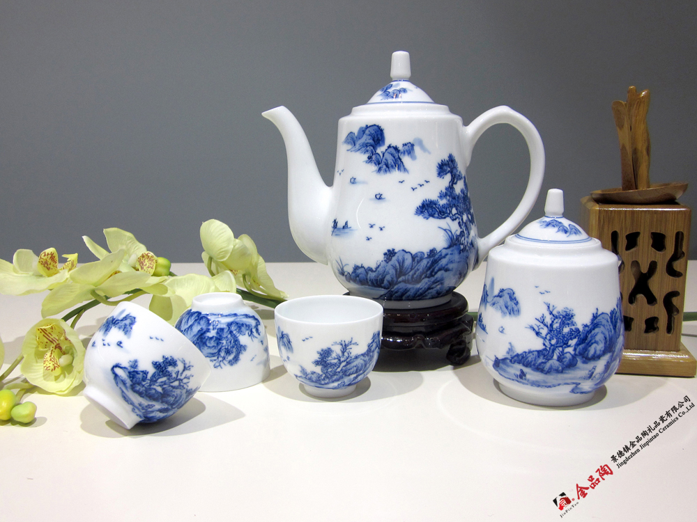 8頭手繪青花綠茶具--山高水長(cháng)